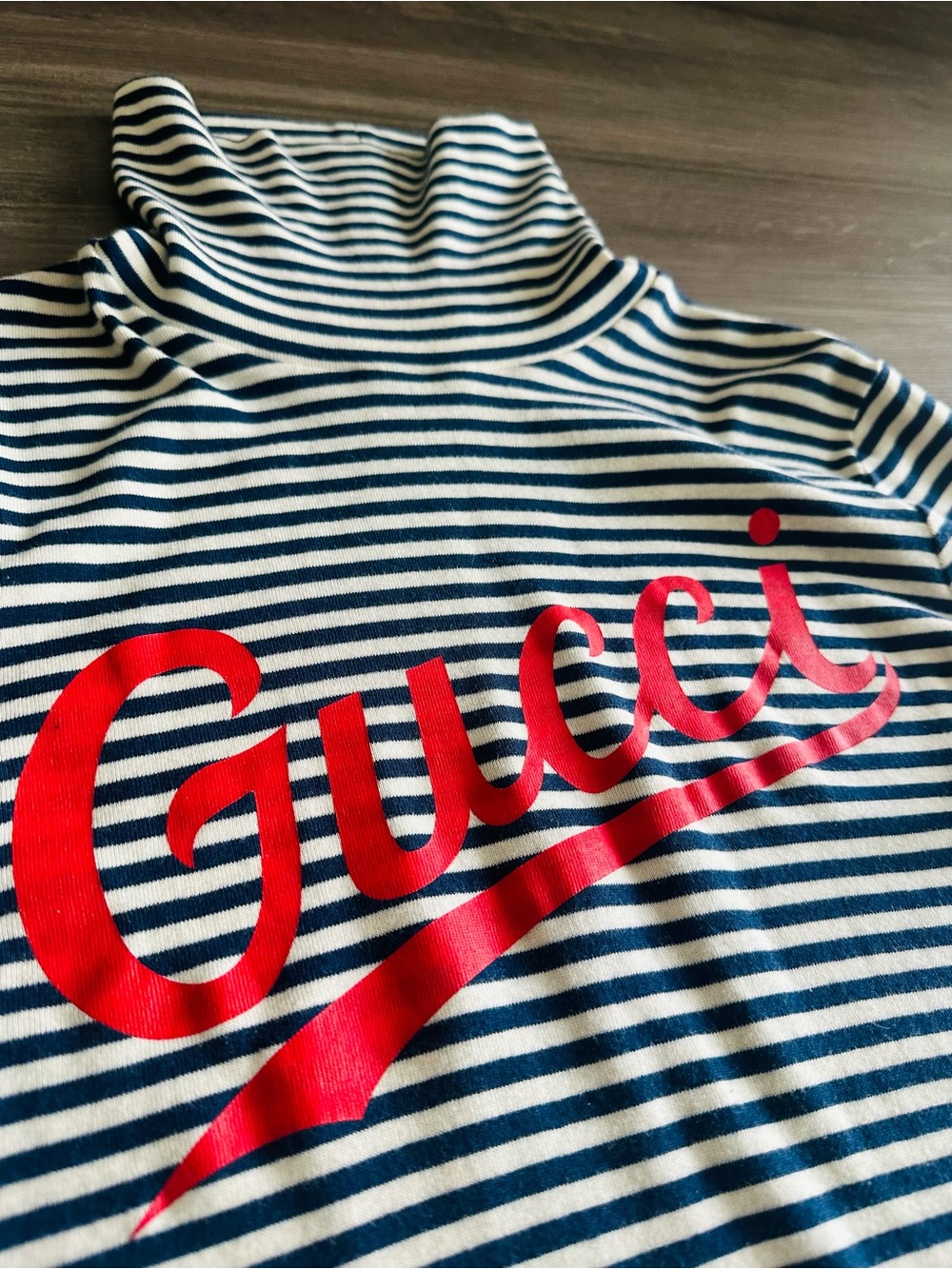 GUCCI Navy & White Striped Long Sleeve Youth Top with Red Branded Signature Logo - Picture 3 of 8